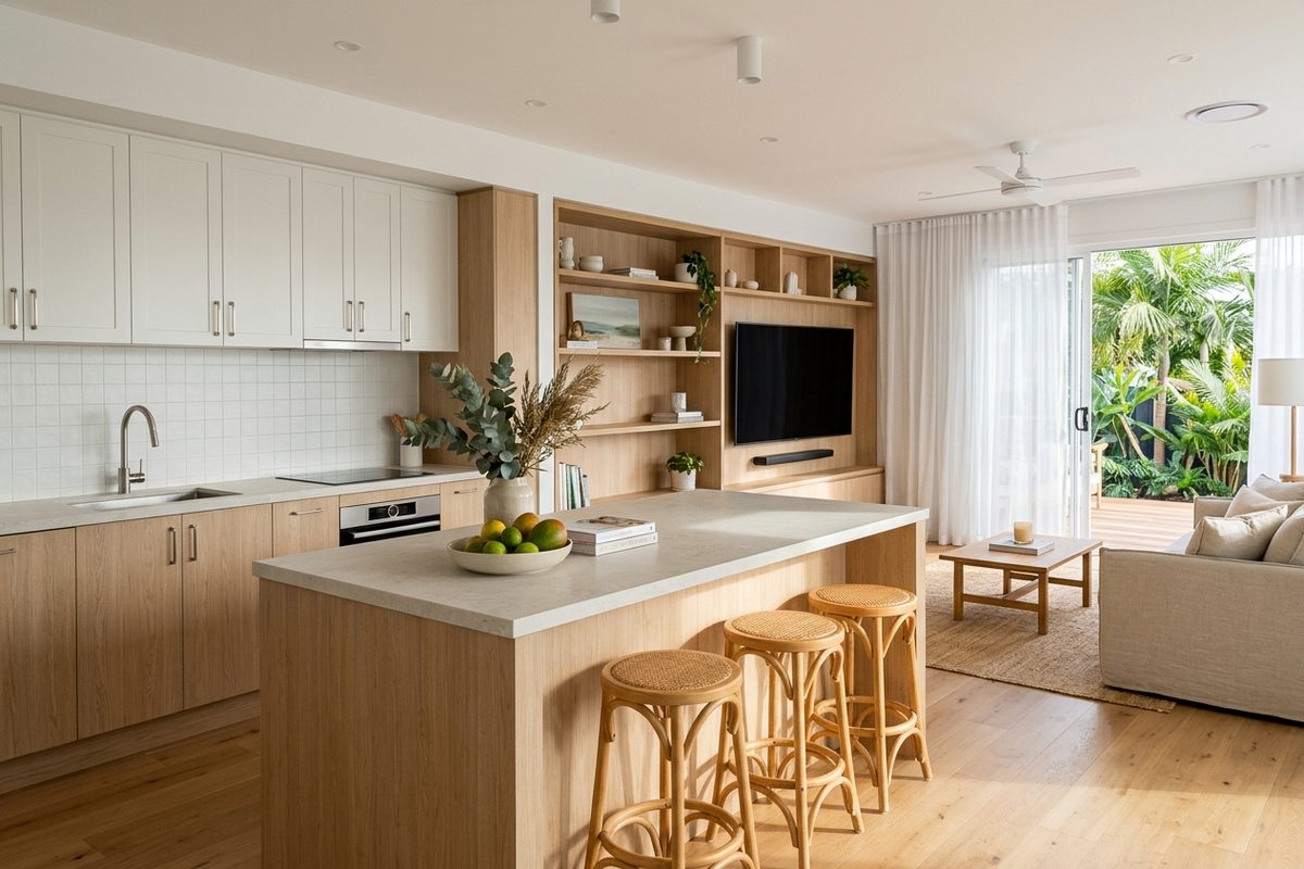 An illustrated light-filled kitchen and living area with built-in timber joinery An illustrated light-filled kitchen and living area with built-in timber joinery