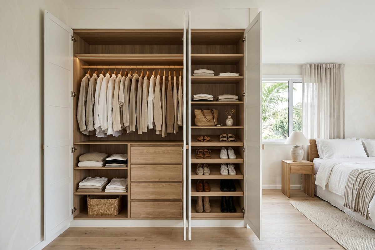 An illustrated built-in wardrobe with shelving, drawers and hanging space An illustrated built-in wardrobe with shelving, drawers and hanging space